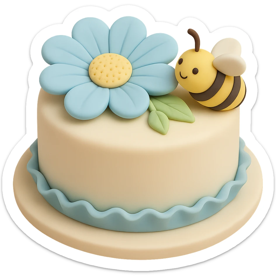 Add a cute bee next to the blue flower in fondant cake art style, keeping the cake-like appearance and colors consistent. sticker