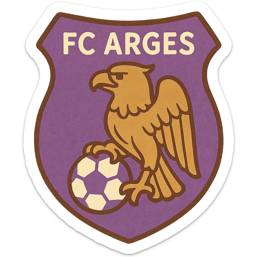 FC Arges football club logo, shield shape, purple and white colors, stylized eagle, soccer ball, modern sports logo style sticker