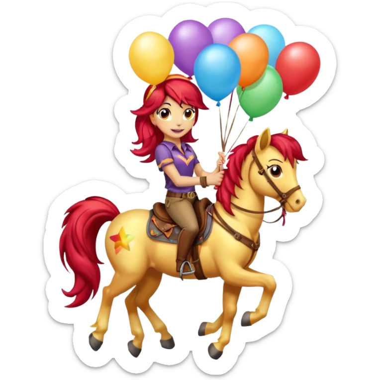 sunset shimmer mlp holding colorful balloons tied to its saddle, looking cheerful. sticker