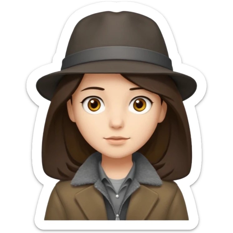 Hobo tomboy with shoulder-length center-parted dark brown hair. brown eyes, dark dull brown coat, grey shirt. Flat crown bolero hat sticker
