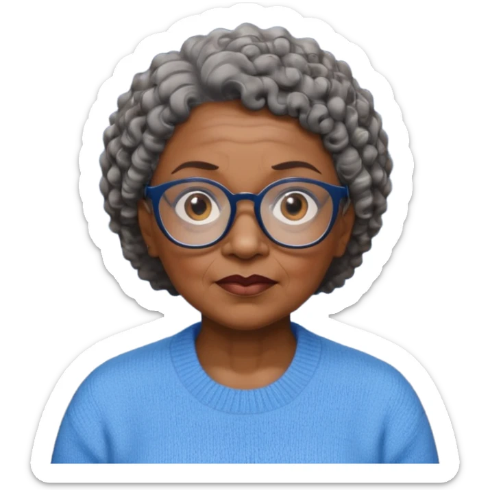 Old black woman, solemn, wearing glasses and blue sweater, short curly hair sticker