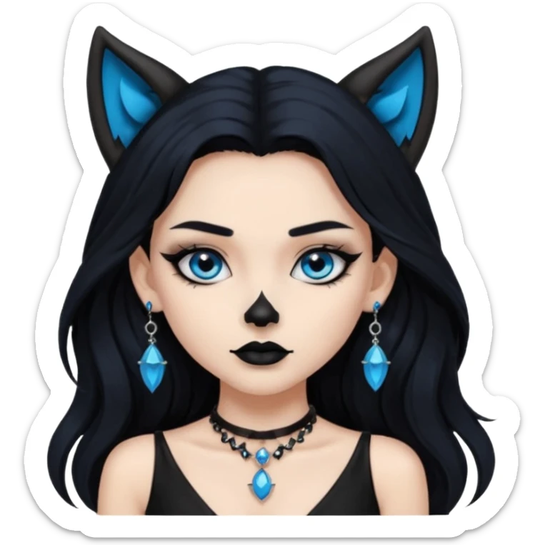 A girl with long black hair and blue eyes, black eyeshadow, black eye liner, mascara, and black lipstick, and black skull earrings. Also a black sexy dress and wolf ears  and a black pendent   sticker