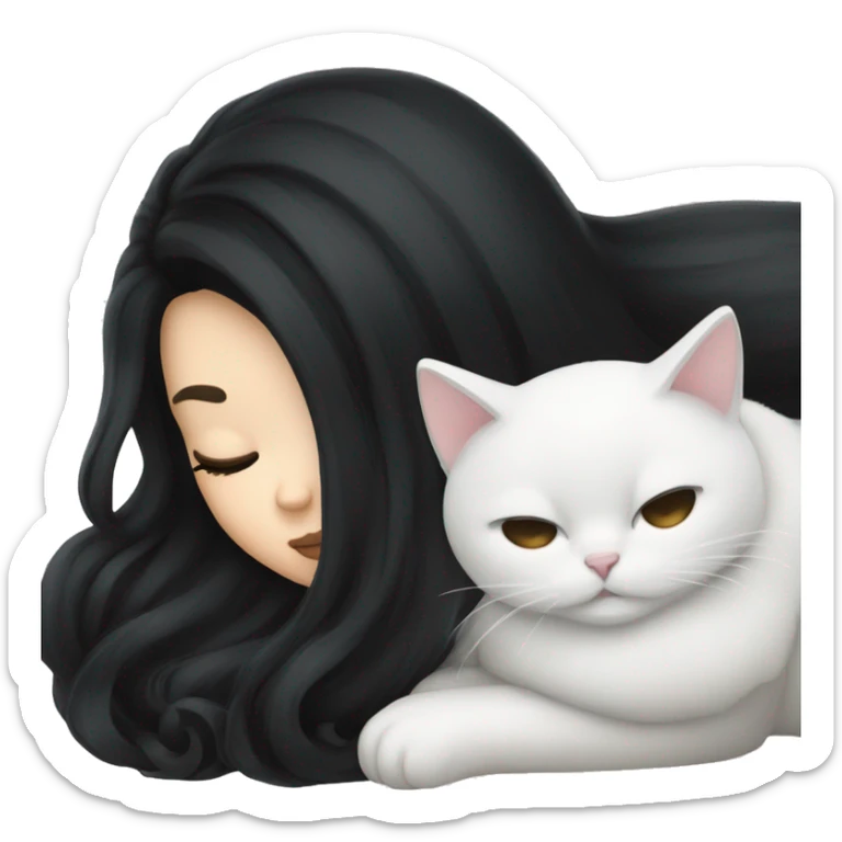 A pretty white girl with very long black hair and sleeping curled up to a white cat  sticker