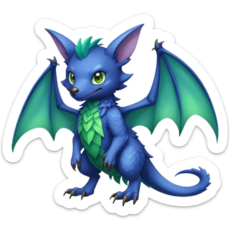 Cute cool fantasy animal hybrid bat-Sergal-Digimon-Fakemon full body, green scales, brown eyes, blue feathers sticker