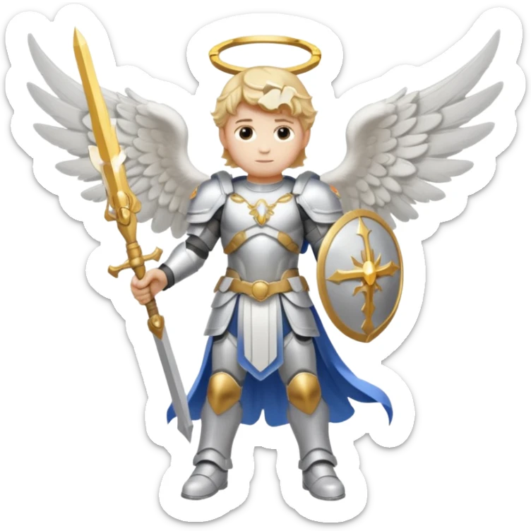 Michael the archangel is usually shown in emoji form as a brave, armored figure with a bright halo, wings, and a weapon.  sticker