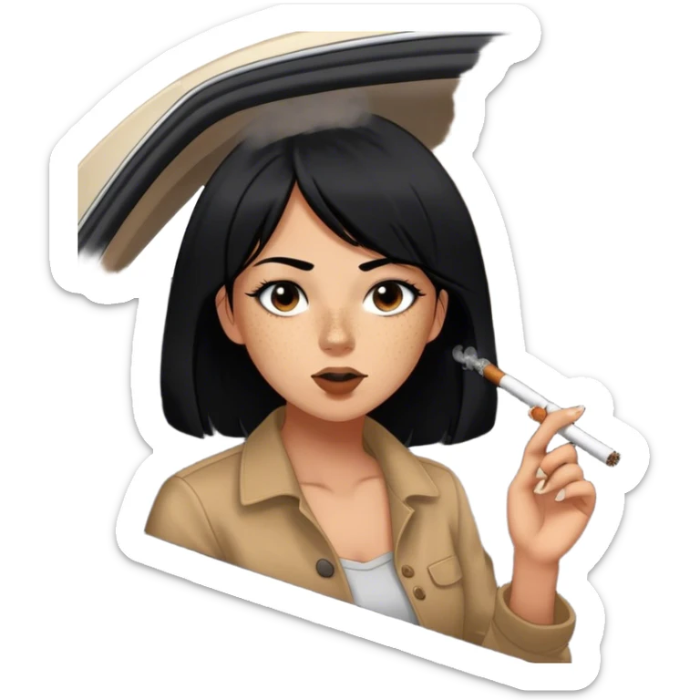 girl with black hair freckles button nose brown eyes smoking a huge blunt hanging out of a black nissan altima sticker