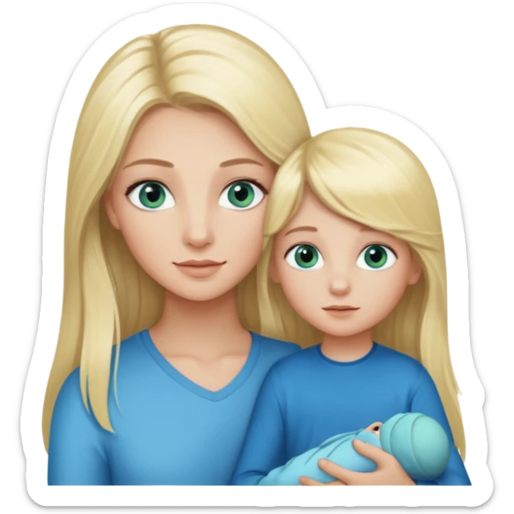 blonde girl with blue-green eyes, lashes, long hair Holding her little Boy with light blue eyes  sticker