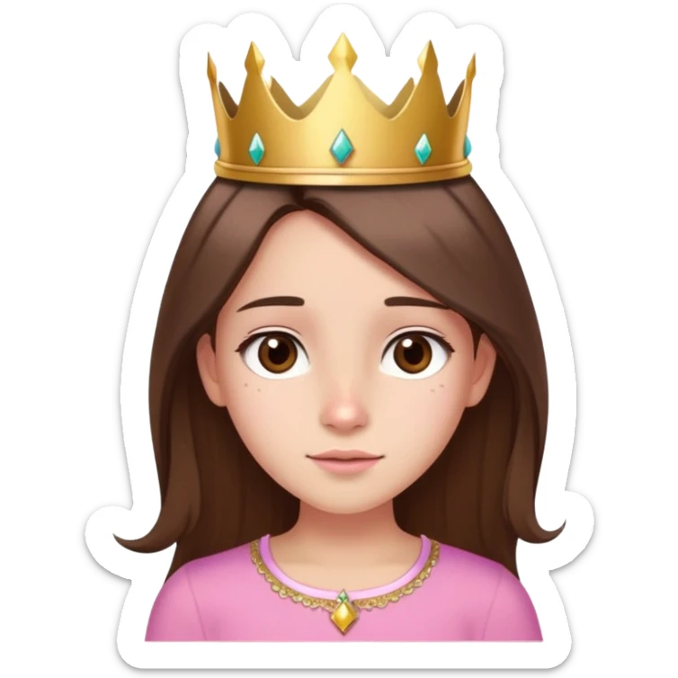 girl with straight brown long hair, brown eyes, pink top, gold crown, subtle birthmark left of nose, festive birthday look sticker
