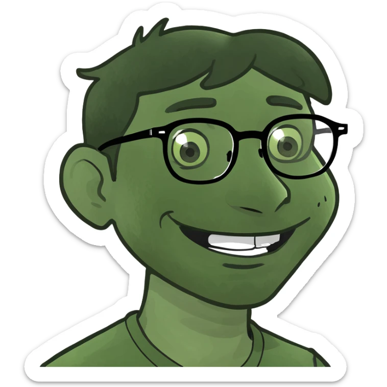 A man with glasses short black hair prominent nose tired looking even though smiling a crazy smile  sticker