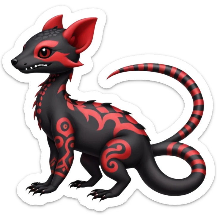 Rare warm-colored exotic gloomy tropical edgy cute epic aesthetic spooky black red gothic colorful Salandit-Noibat-Civet-species-Fakemon-hybrid-creature, with tribal tattoo markings, full body sticker
