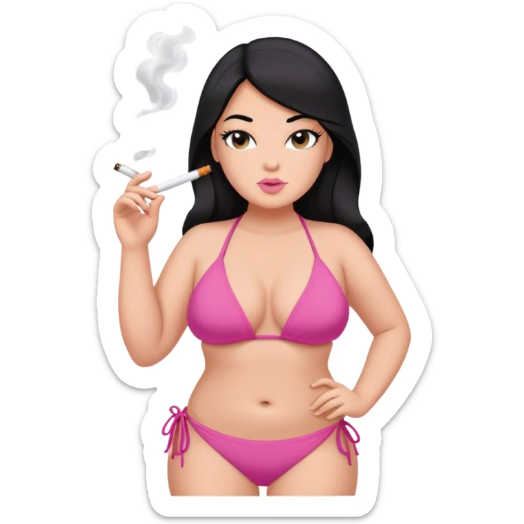 caucasian curvy girl smoking in pink bikini, long straight black hair, sfw pose sticker