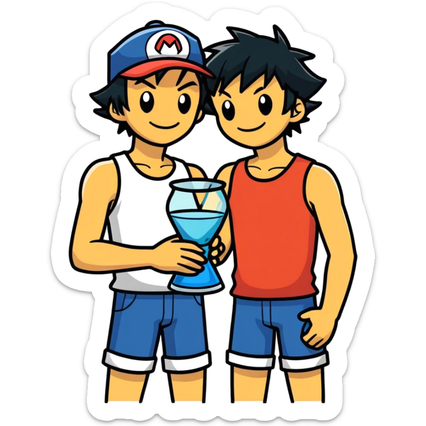 Hot handsome muscular 6ft 5inch tall smiling happy fun shirtless Ash Ketchum hugging his best friend while using a large glass in the shape of a beaker with a wide bottom and long thin neck sticker
