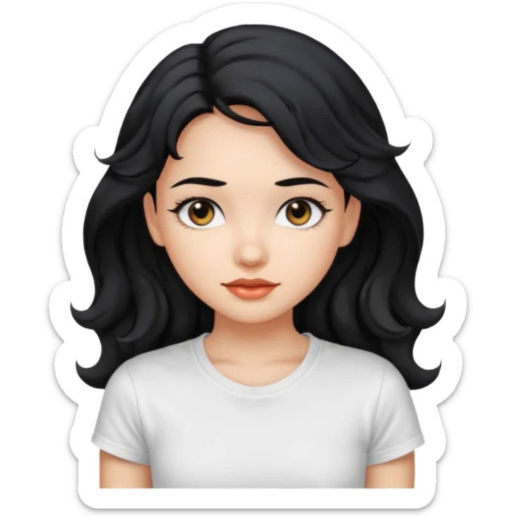 Beautiful girl,Black hair,wavy hair long hair,Black eyes, white T-shirt sticker