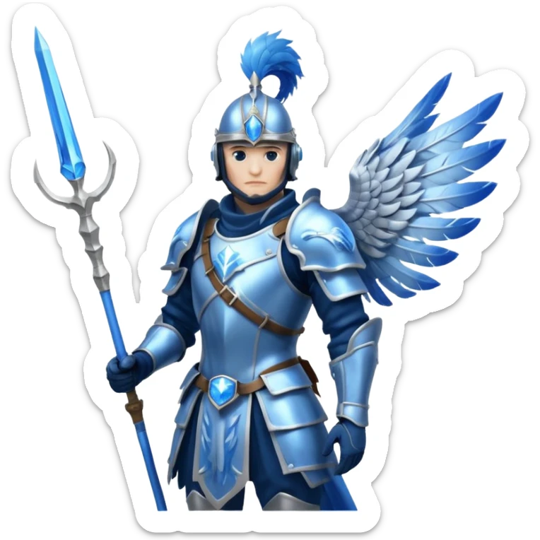soldat en armure légère de couleur argentée et bleue, presque translucide, tenant une lance ornée d'un cristal. Son casque est stylisé avec des plumes d'oiseau. Il se tient devant un fond de nuages vaporeux. sticker