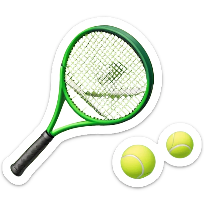 A tennis racket and ball positioned on a grass court, with the net and lines clearly visible in the background. The scene emphasizes the classic elements of the sport, capturing the energy and precision of a tennis match. sticker