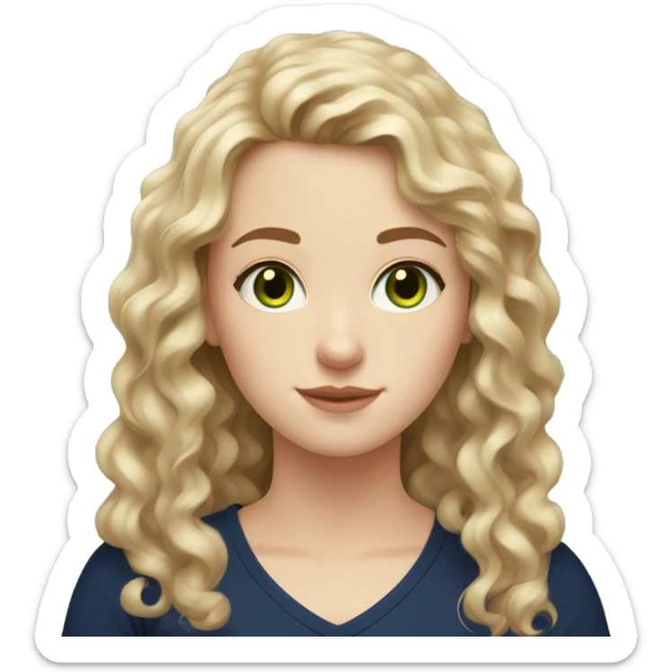 A pale white girl with slightly dark golden curly hair that reaches her chest long, green eyes with a mole next to her left eye and with a navy blue shirt sticker
