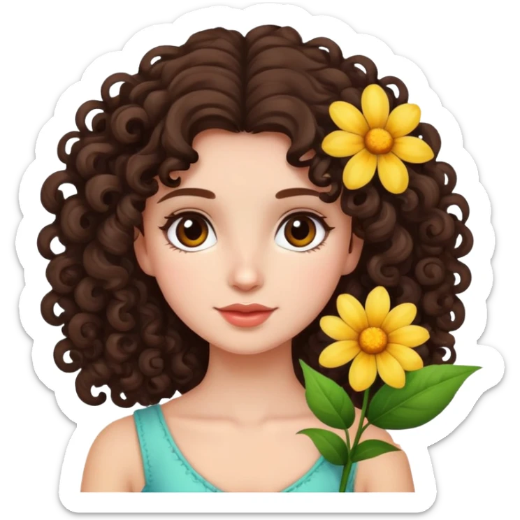 Pretty brunette curly girl with a flower in her hair sticker
