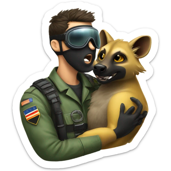 Yellow army Pilot with black mask googles, and then a big hyena kissing kissing him sticker
