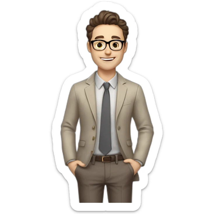 Pale skinned Fit Man With dark brown hair in gray jacket, beige office shirt, Brown pants and vintage glasses In the joke cap sitting In a soft chair with a notebook and a pen  sticker