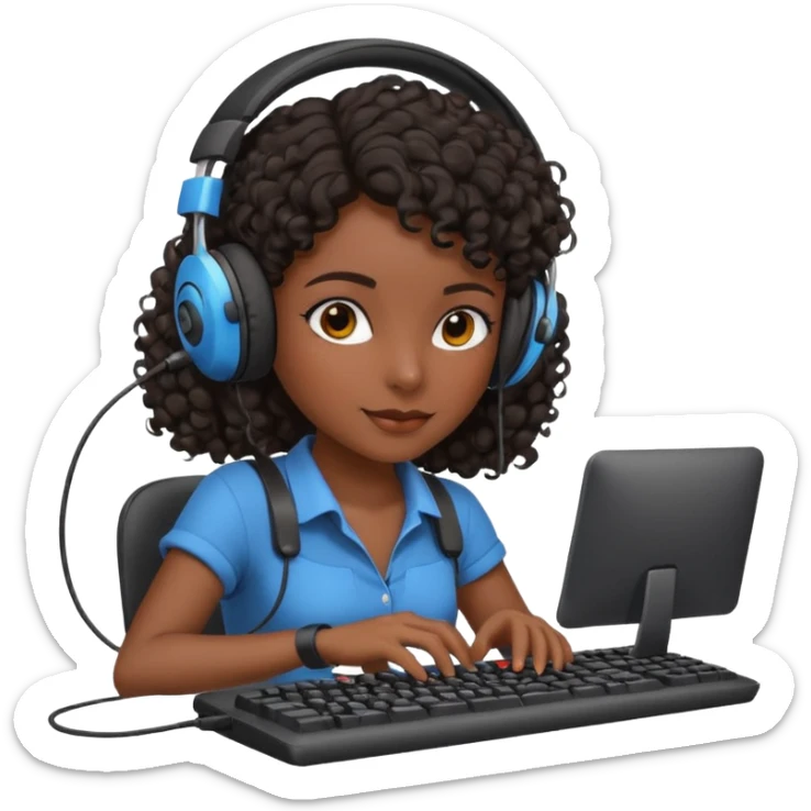 Dark Spanish girl with dark curly hair, wearing a gaming headset and playing with keyboard and mouse   sticker