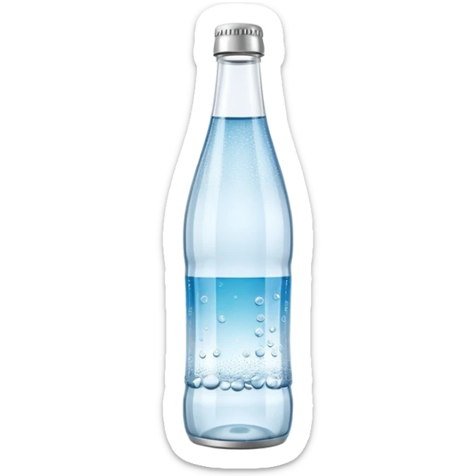 slim clear glass bottle of sparkling water with silver metal cap, visible carbonation bubbles, minimal blank label, soft reflections, clean minimalistic look, 3D rendered, soft lighting, emoji scale sticker