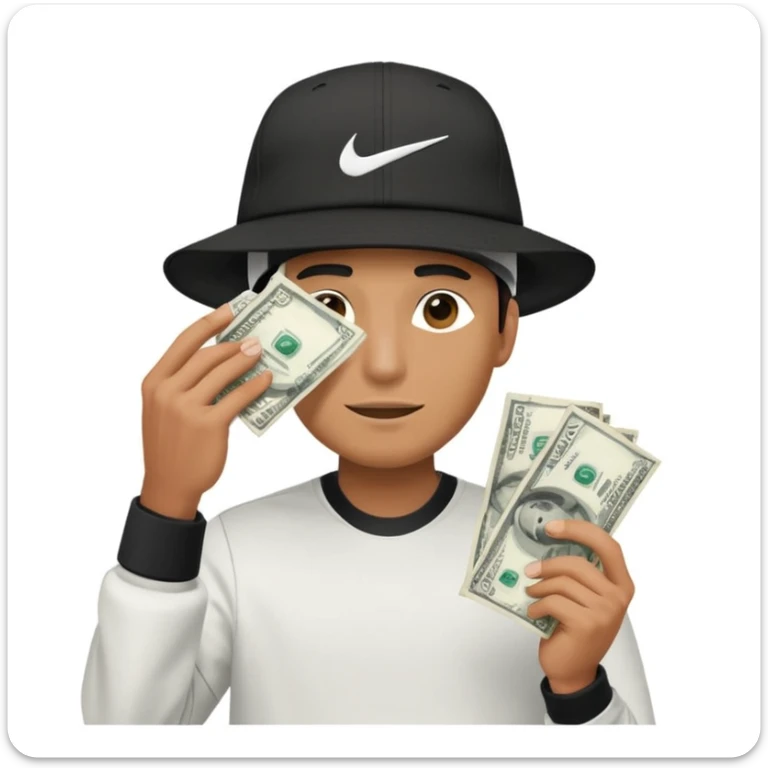 Man with money in his hand covering his face wearing a white and black hat and a Nike tech  sticker
