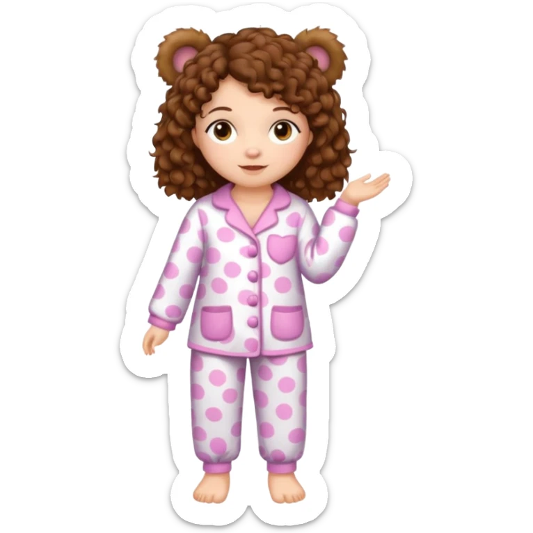 Grown up Woman with brown eyes, brown curly hair, white skin, full body in cute pijama bear sticker