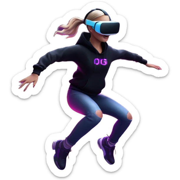 Russian girl wearing black hoody with violet letters "OMG", in vr headset oculus quest2. jumping. Cyberpunk style. Violet neon. sticker