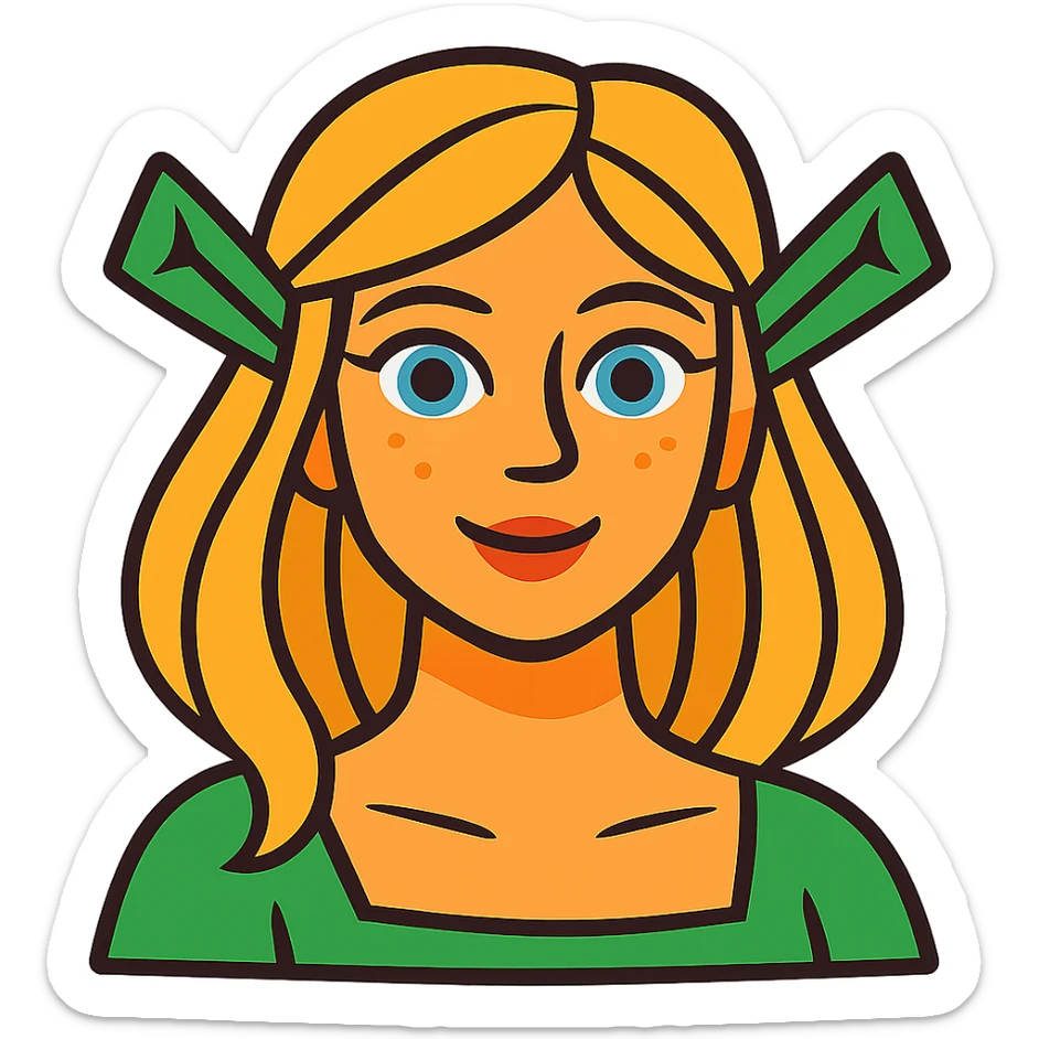 pretty girl with blonde hair, blue eyes, green ogre ears in vibrant toon style sticker