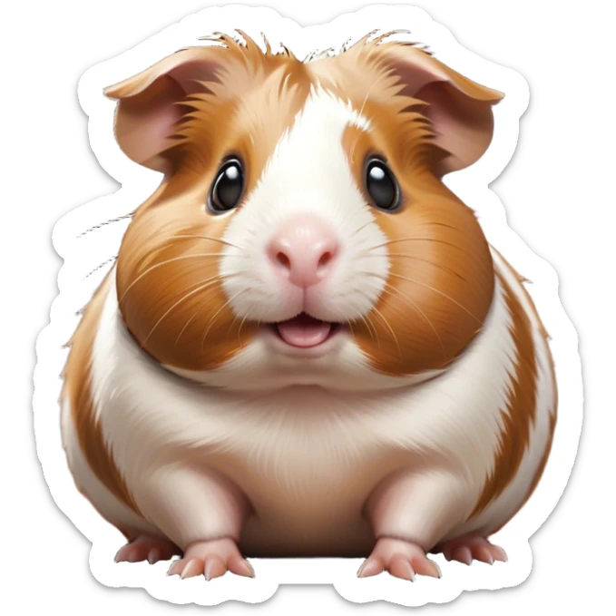 Cinematic Comical Brown and White Banded Guinea Pig Portrait Emoji, Head tilted dramatically with an exaggeratedly amused expression, featuring a striking coat with bold brown and white banding, wide, expressive dark eyes filled with playful disbelief, Simplified yet hilariously expressive features, highly detailed, glowing with a slightly sassy glow, high shine, dramatic yet playful, stylized with an air of cheeky mischief, bright and endearing, soft glowing outline, capturing the essence of a spirited and over-the-top guinea pig, so meme-worthy it feels like it could side-eye its way into internet fame instantly! sticker
