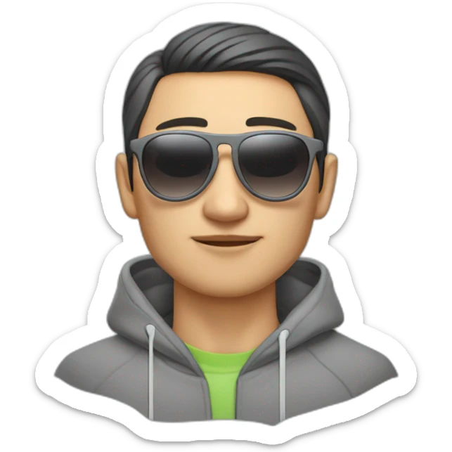 kazakh guy with sunglasees in grey hoody smoking sigarete with airpods sticker