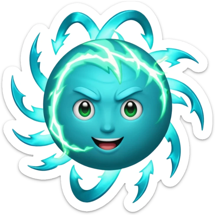 Uranus emoji in Apple-style, blue-green planet with swirling rings, big playful excited face, large bold lightning bolt, bursting with electric chaotic energy sticker