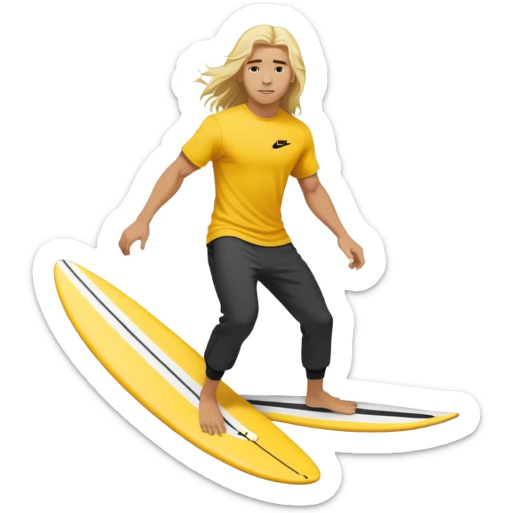 Man surfing on a yellow white board with long blond hair, yellow t-shirt with black Nike logo in center of chest, black baggy sweatpants. sticker