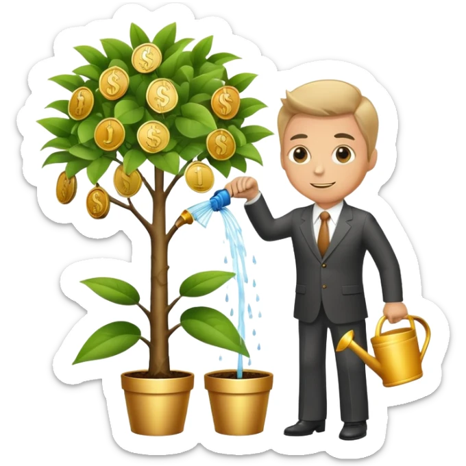 Businessman in suit watering a money tree with growing coins and dollar signs sticker