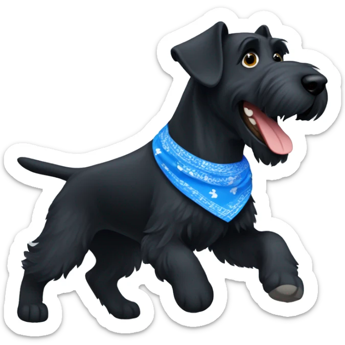 Happy black giant schnauzer running with a blue bandanna on the neck sticker