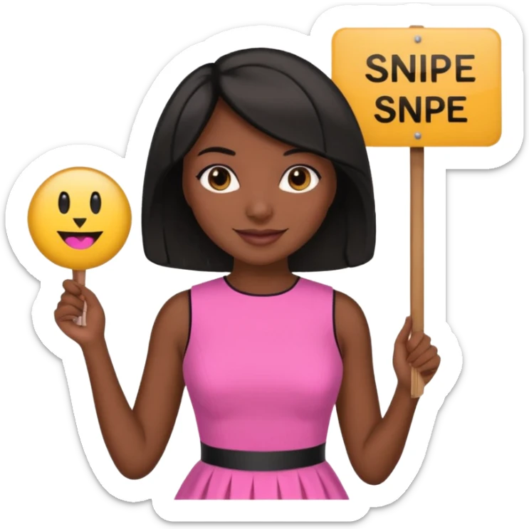 Dark skin woman with black bob in hair holding sign that says snipe  wearing pink dress  sticker