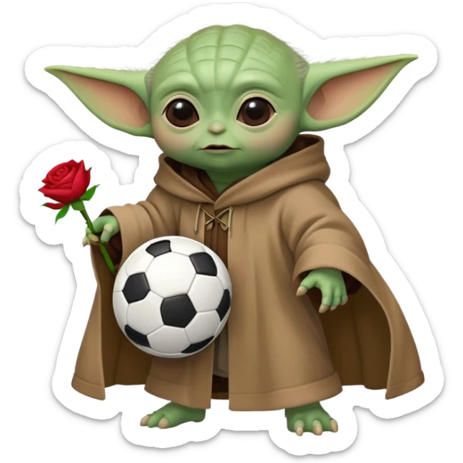 baby yoda kicking a soccer ball with small roses beside him sticker