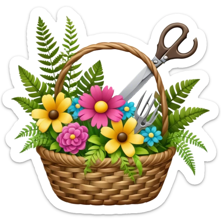 Icon for Floristry: a woven basket with flowers, reeds, ferns, bright ribbons and a small plush toy. Add big garden scissors and knife. The icon should represent creativity in flower arrangement and decorative design. Transparent background. sticker