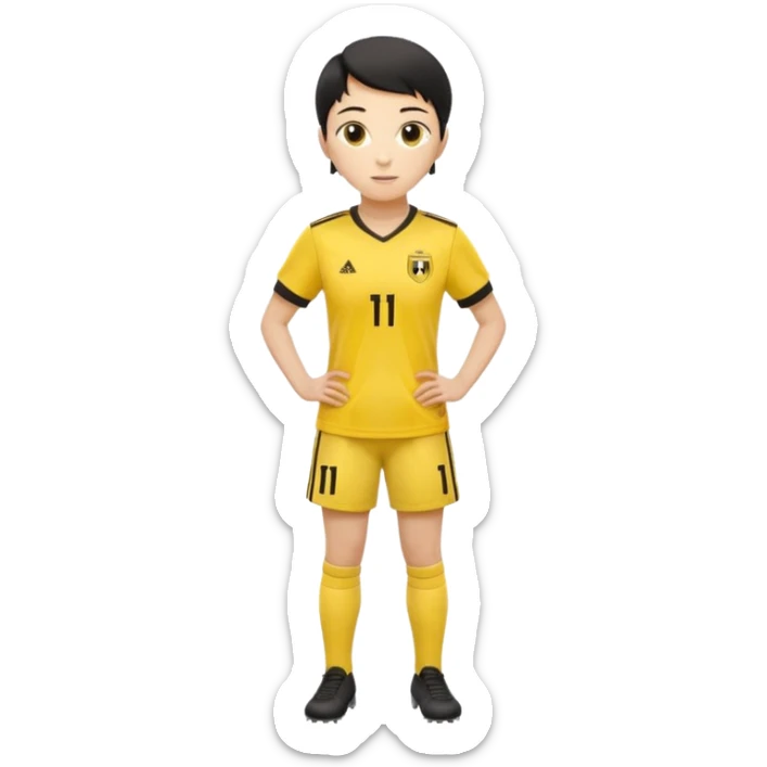 Apple emoji style 23 year old soccer player standing hands on waist, yellow jersey #11, soft shadows sticker