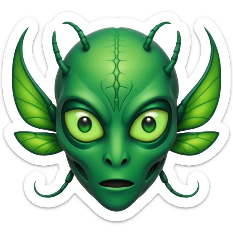 Savathûn from Destiny 2 as an apple-style emoji, focusing on her alien face, insectoid features, and mystical aura, simplified for emoji format sticker