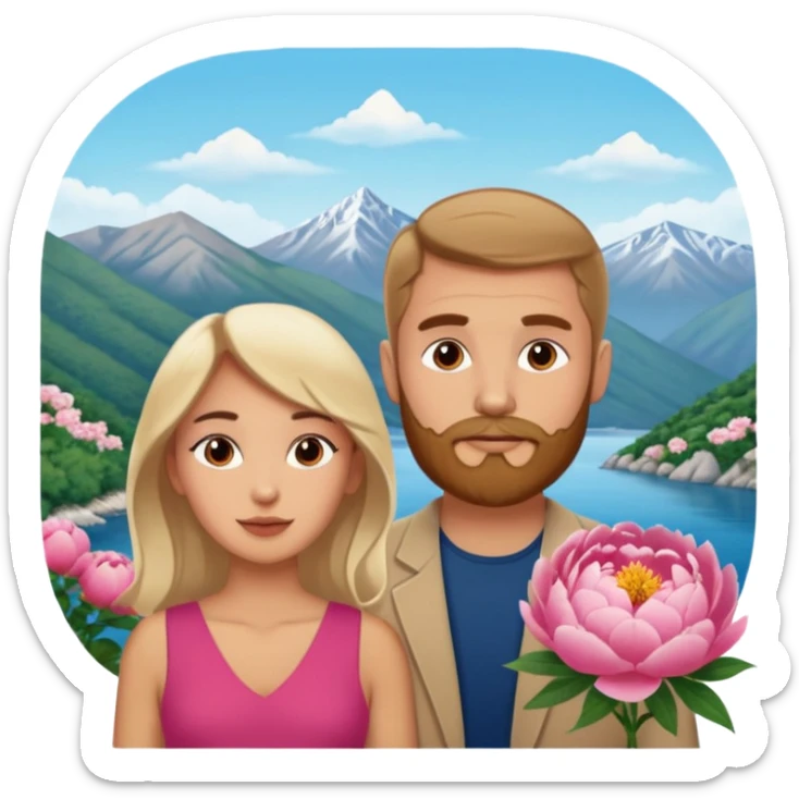 Couple traveling in Montenegro russian man and elegant  Latina girl delicate peonies and mountains in the background  sticker