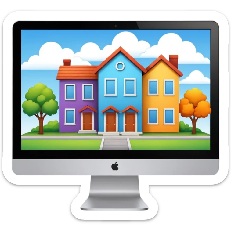 A pc monitor with houses that is for sold or rent in a site sticker