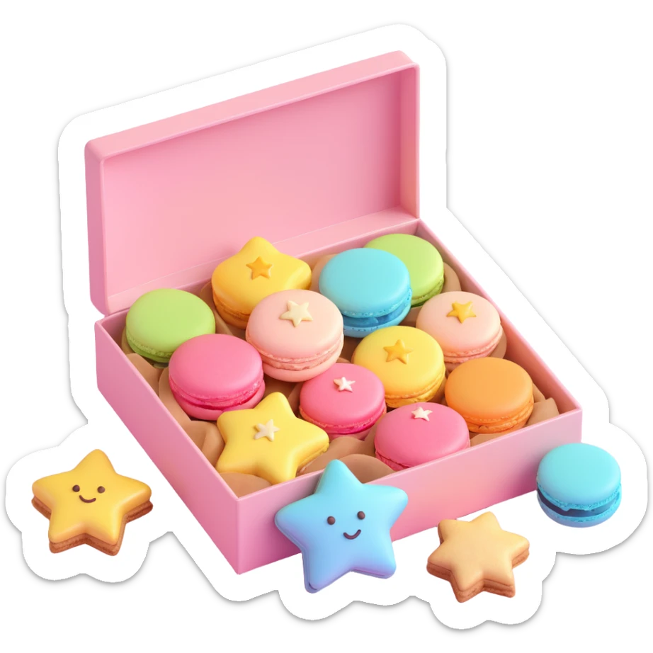 a box of macarons with star-shaped cookies, playful, shiny, pastel palette, cute and whimsical, iOS 3D emoji style sticker