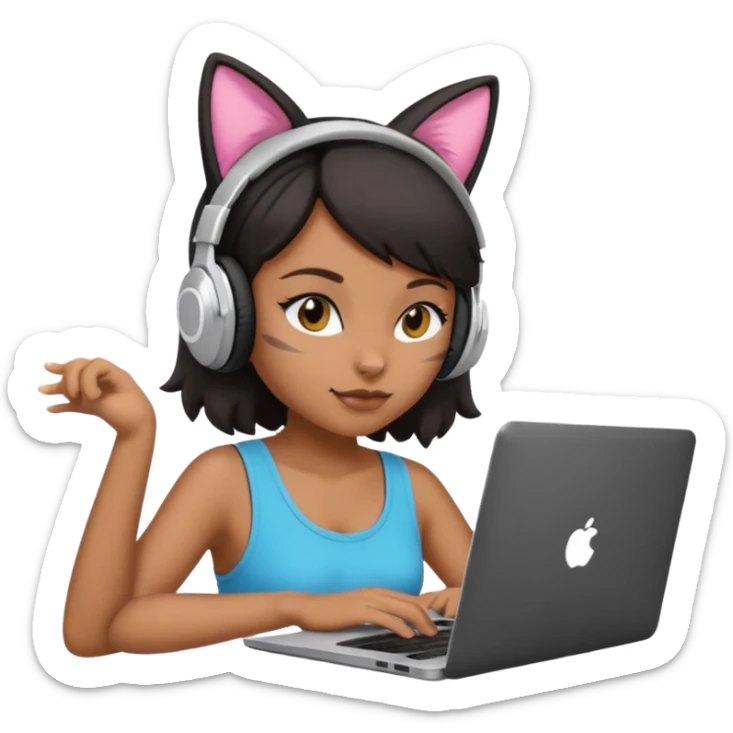 black girl who works remotely through a laptop with cat ear headphones sticker