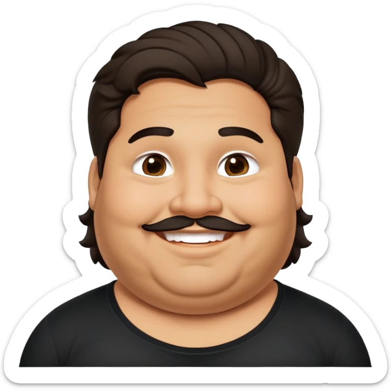 Hombre barba obeso latino piel canela, cara redonda-ancha, scruff sin barba completa, cejas gruesas, pelo oscuro ondulado flat largo hasta el cuello. Sonrisa amplia, expresión alegre. Camisa negra. Size large.  sticker