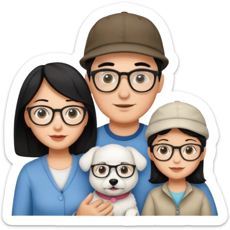 Mom black hair with glasses, Dad black hair with cap, Daughter black hair with glasses, white Dog sticker