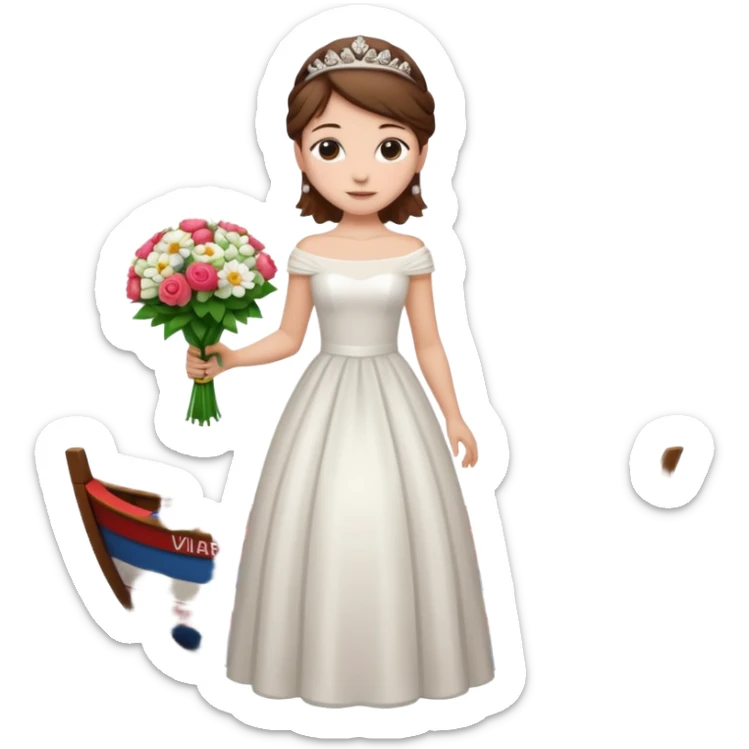 Chica blanca,cuerpo entero, vestido boda cuello barco y , pelo castaño,   1 ramo de flores , pelo recogido con tiara sticker