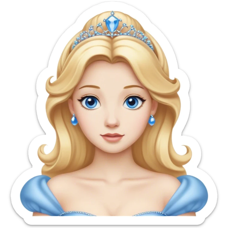 Cinematic Realistic Noble Cinderella Portrait, depicted with porcelain skin rendered in lifelike detail and soft, natural lighting that highlights every delicate nuance. Her intricately styled golden-blonde hair is arranged in an elegant updo, and her deep, expressive blue eyes radiate quiet determination. She wears her classic ball gown with rich fabric textures and delicate folds catching the light beautifully, all set against a subtly glowing, natural background that captures the essence of timeless royal grace. sticker