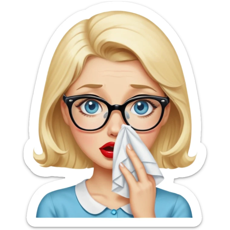 Blonde hair, blue eyed, wearing glasses 50's style pinup crying into a tissue  sticker