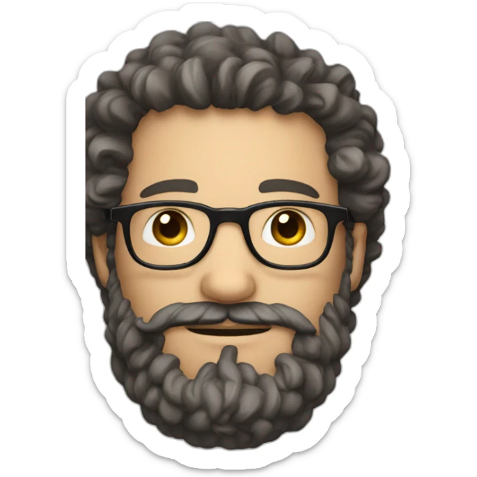 man with white skin and somewhat brown curly hair, big beard, glasses and big nose sticker
